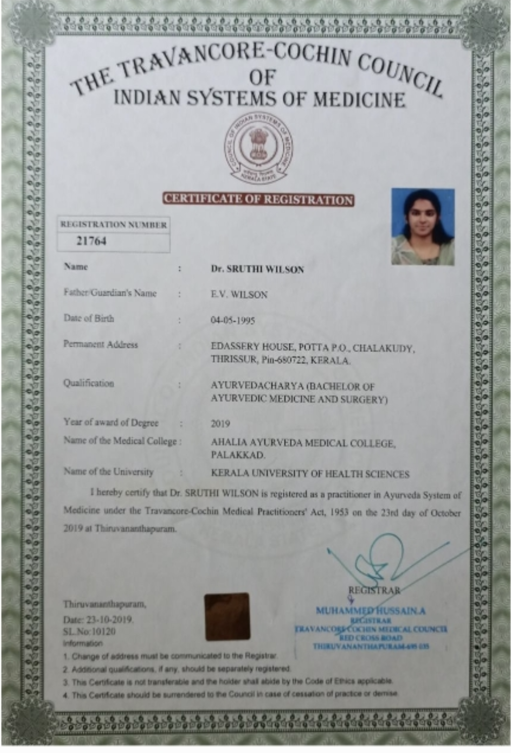 Ayurvedic doctor's certificate