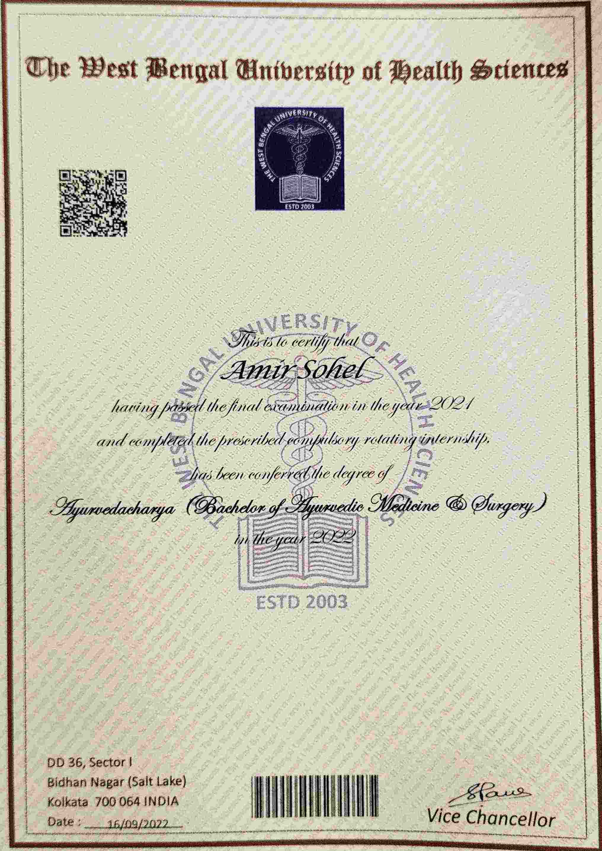 Ayurvedic doctor's certificate
