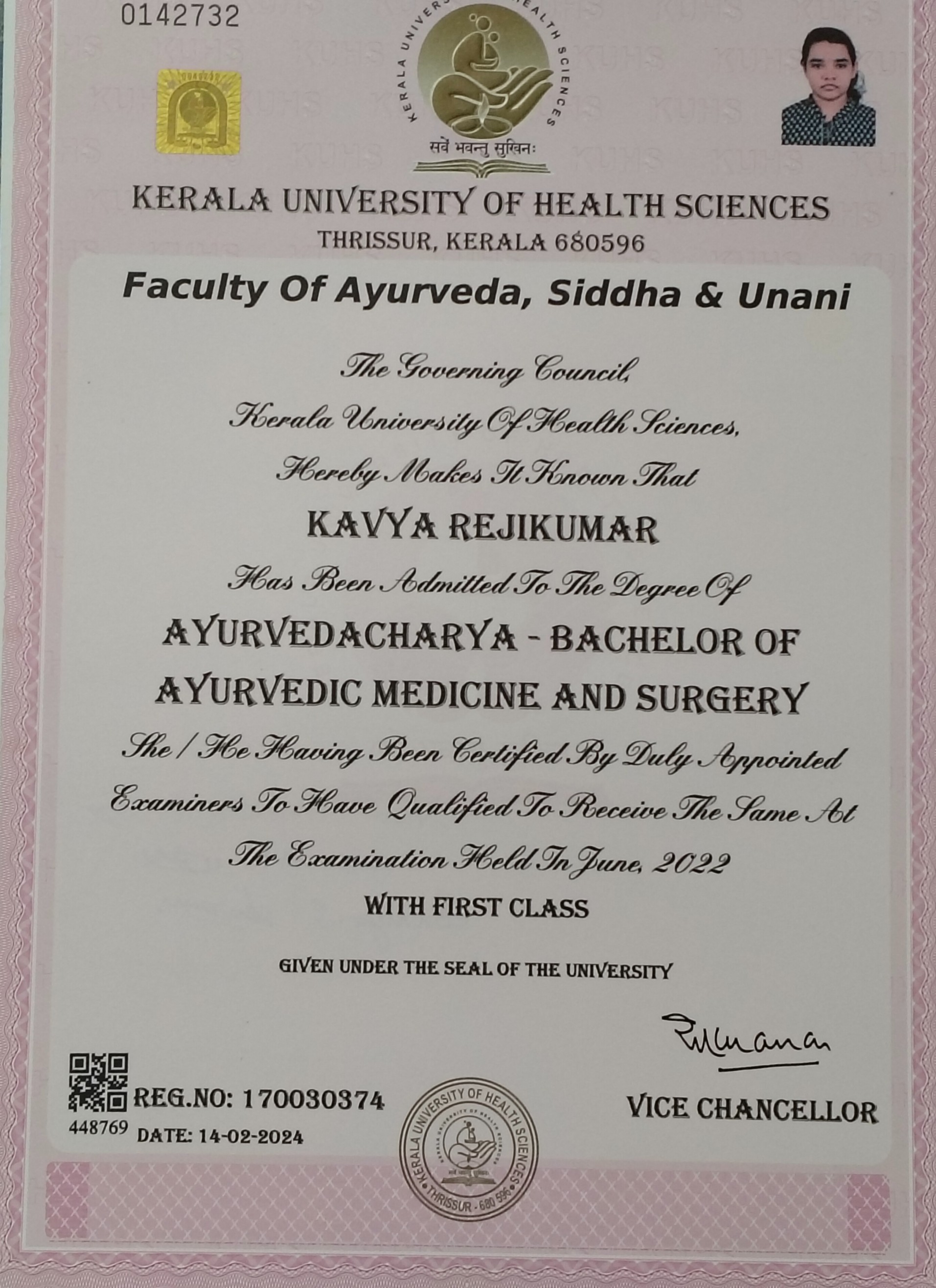 Ayurvedic doctor's certificate