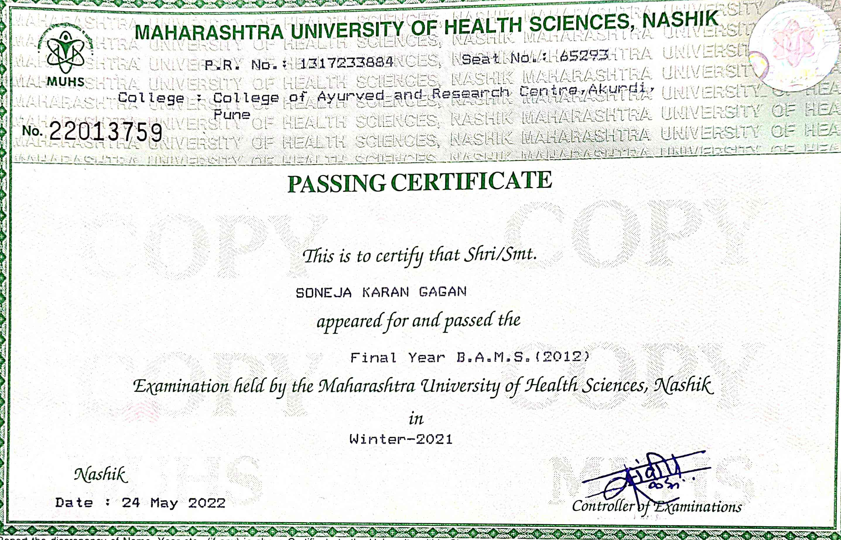 Ayurvedic doctor's certificate