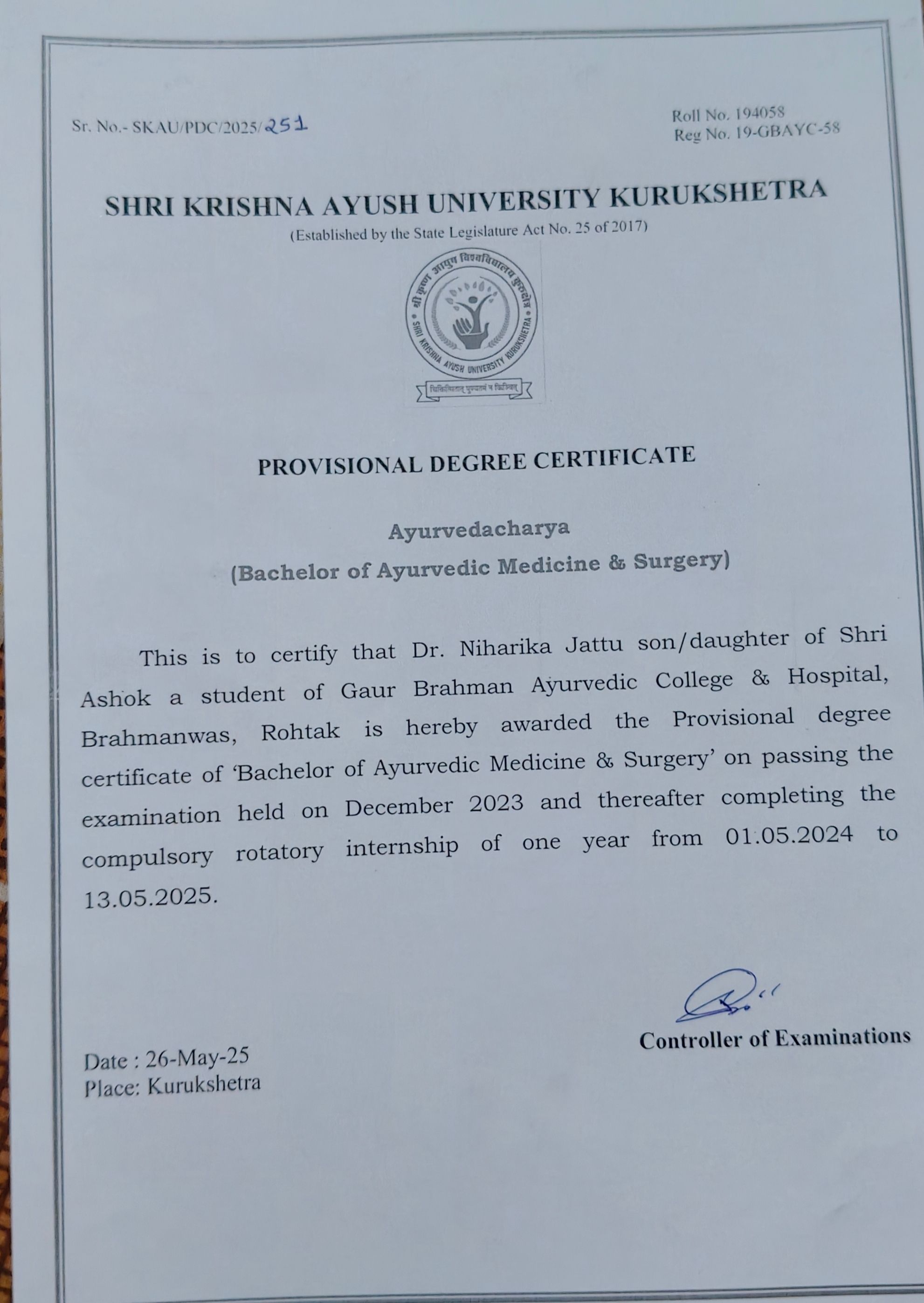 Ayurvedic doctor's certificate