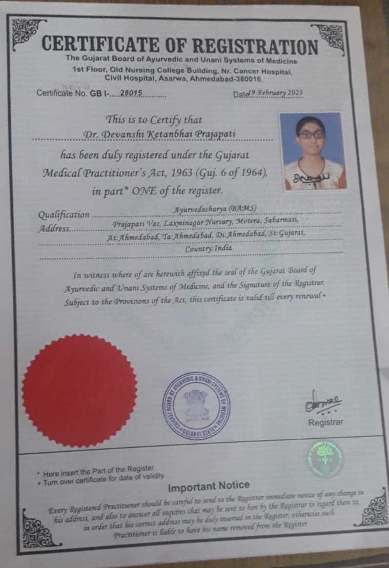 Ayurvedic doctor's certificate