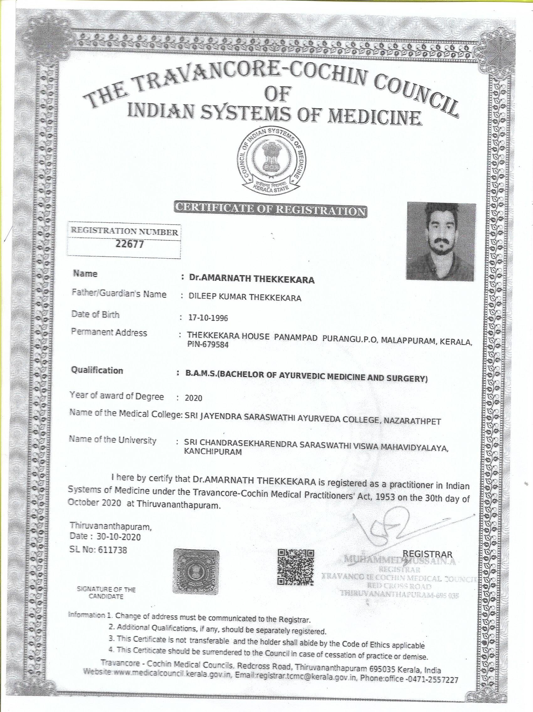 Ayurvedic doctor's certificate