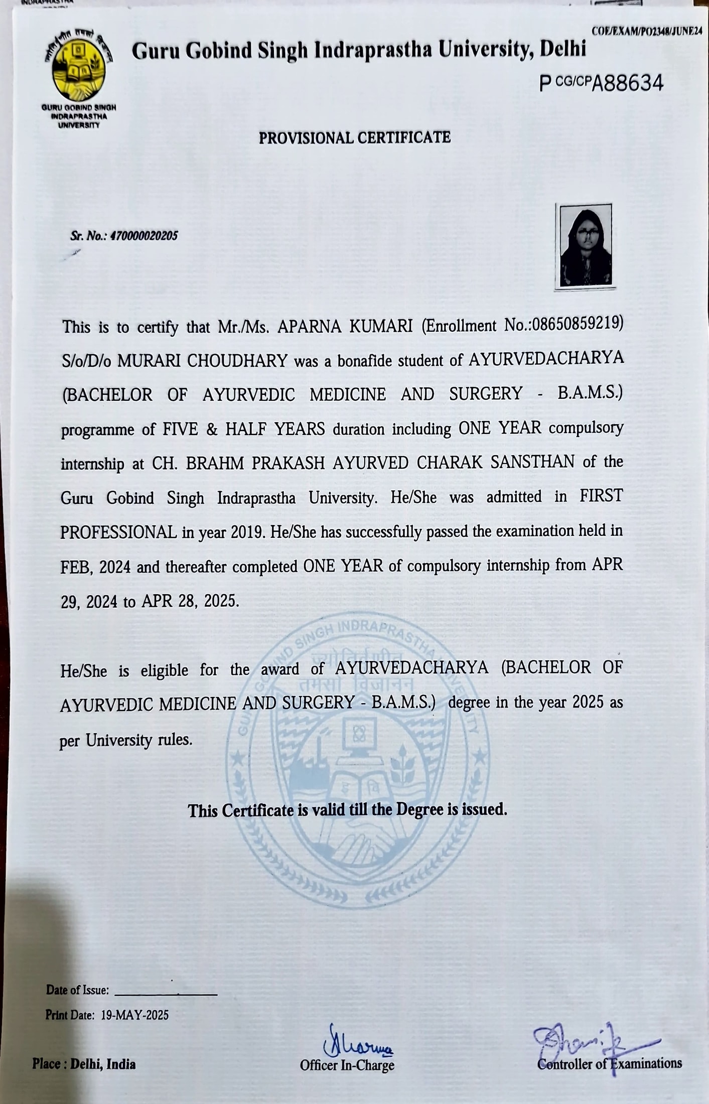 Ayurvedic doctor's certificate