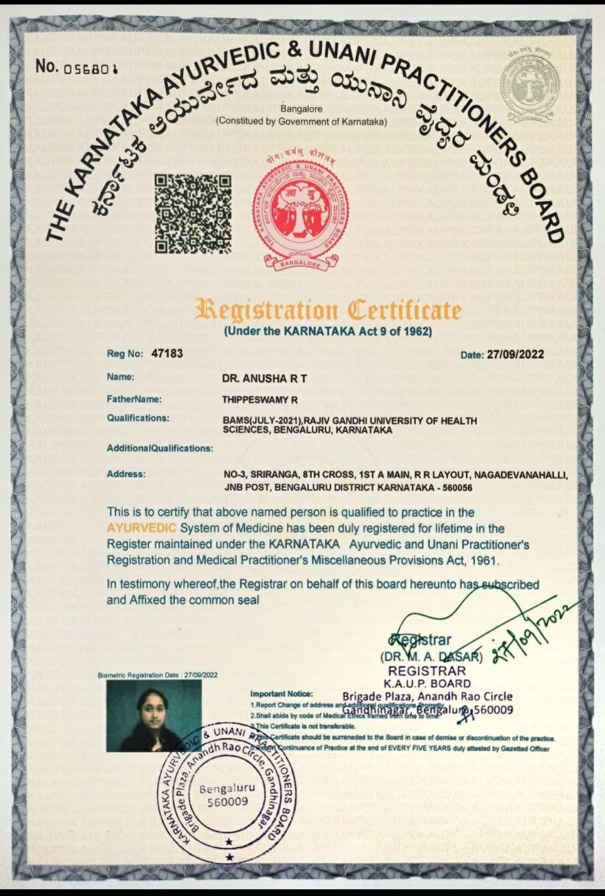 Ayurvedic doctor's certificate