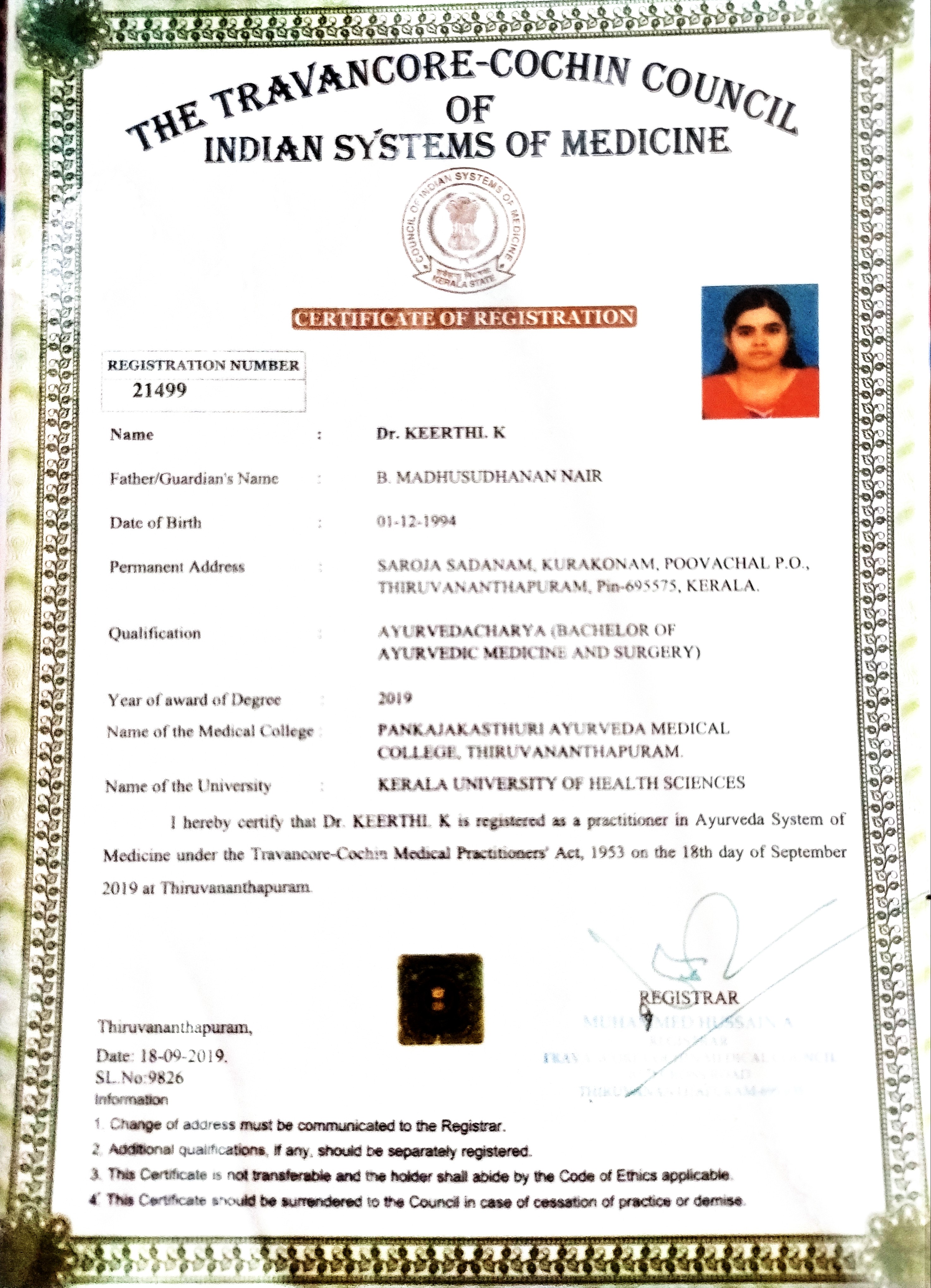 Ayurvedic doctor's certificate