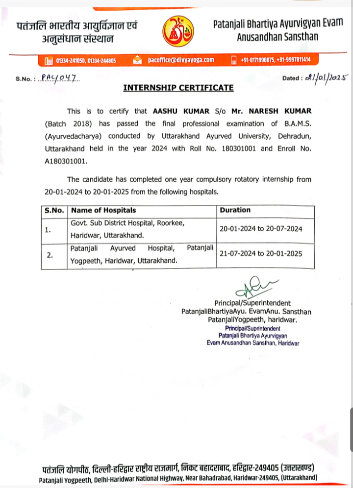 Ayurvedic doctor's certificate