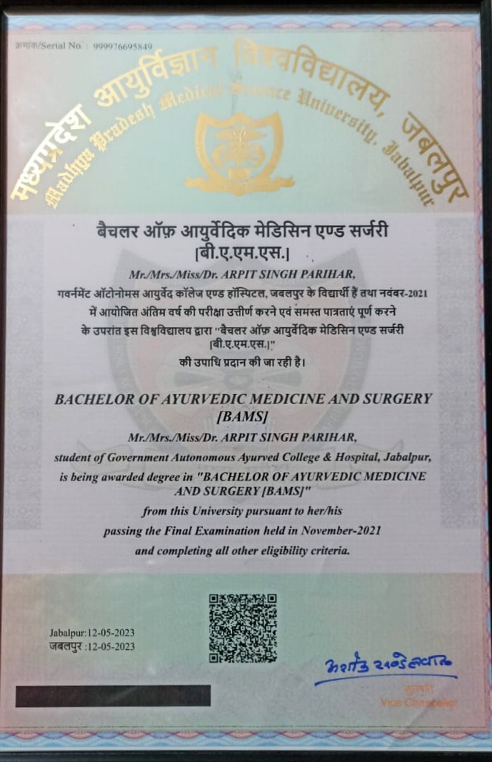 Ayurvedic doctor's certificate
