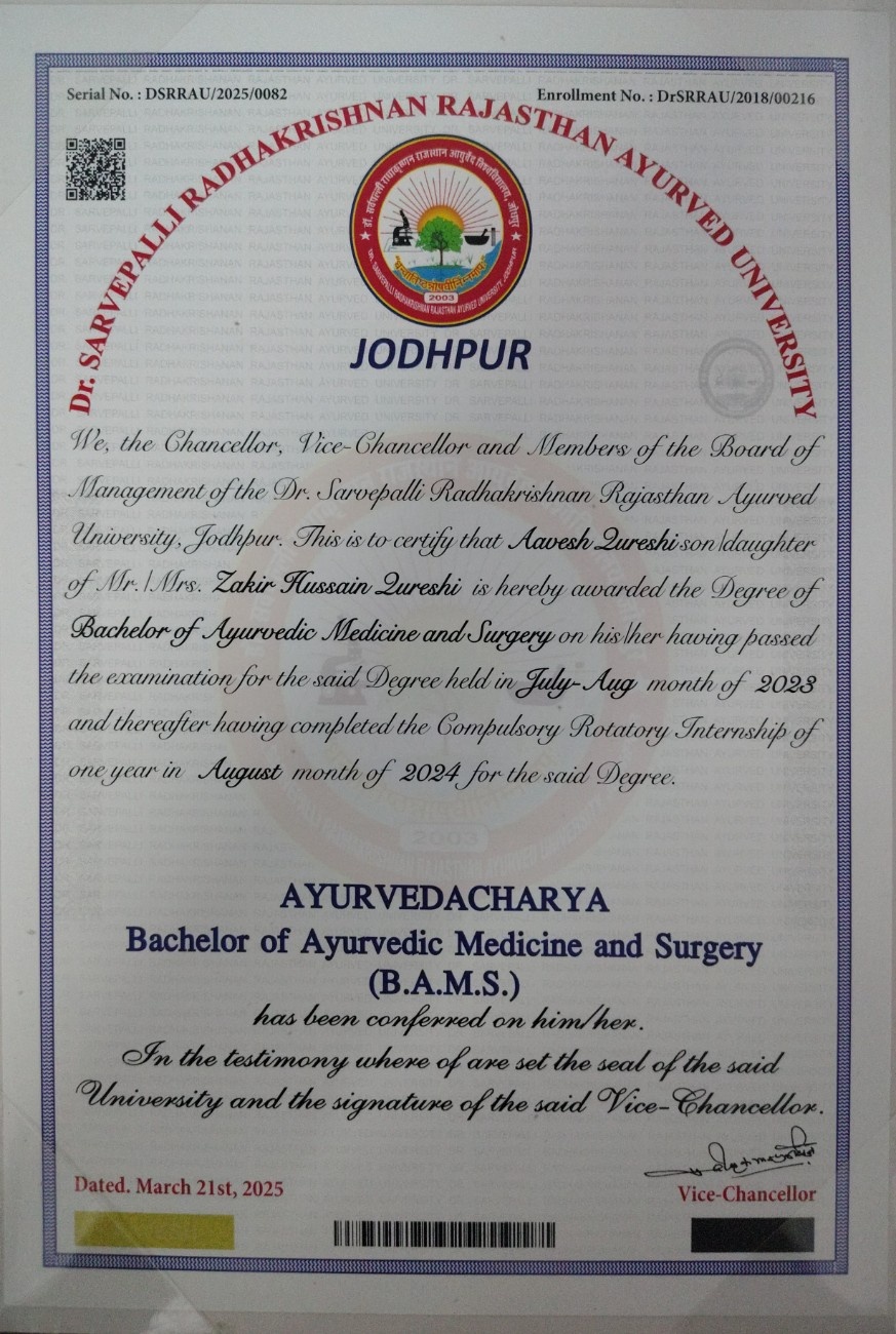 Ayurvedic doctor's certificate