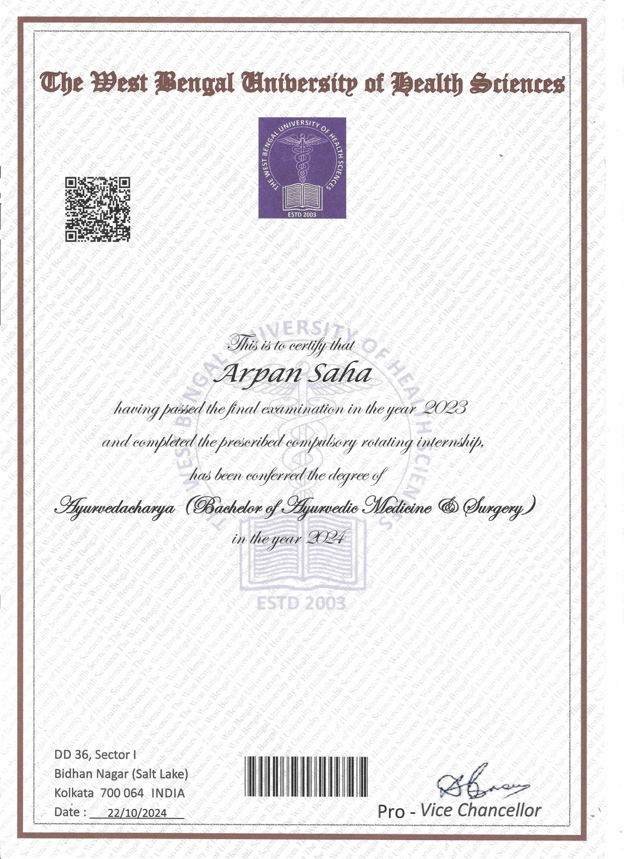 Ayurvedic doctor's certificate