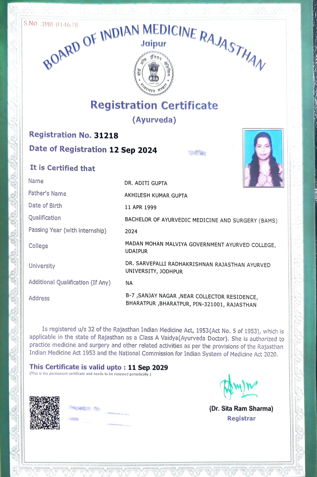 Ayurvedic doctor's certificate