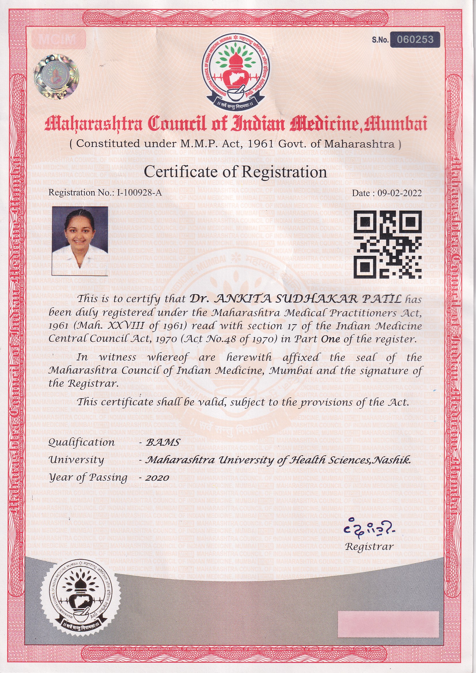 Ayurvedic doctor's certificate