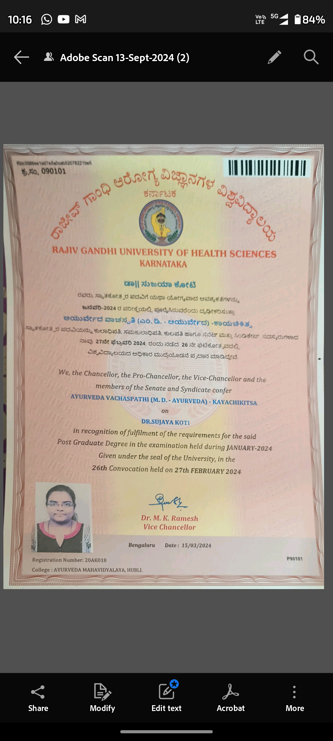 Ayurvedic doctor's certificate