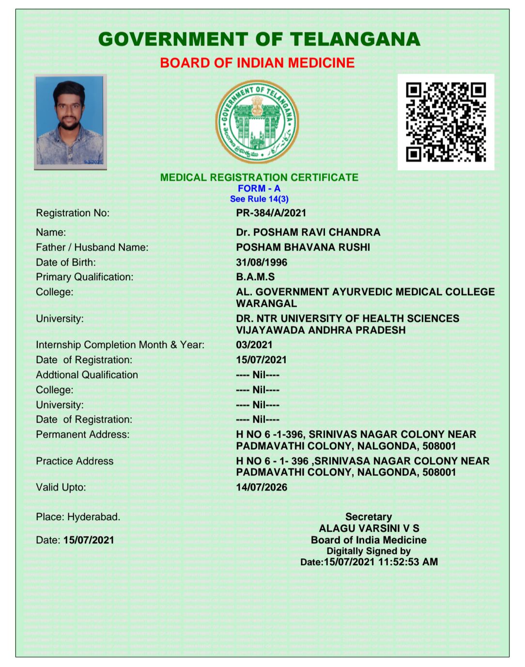 Ayurvedic doctor's certificate
