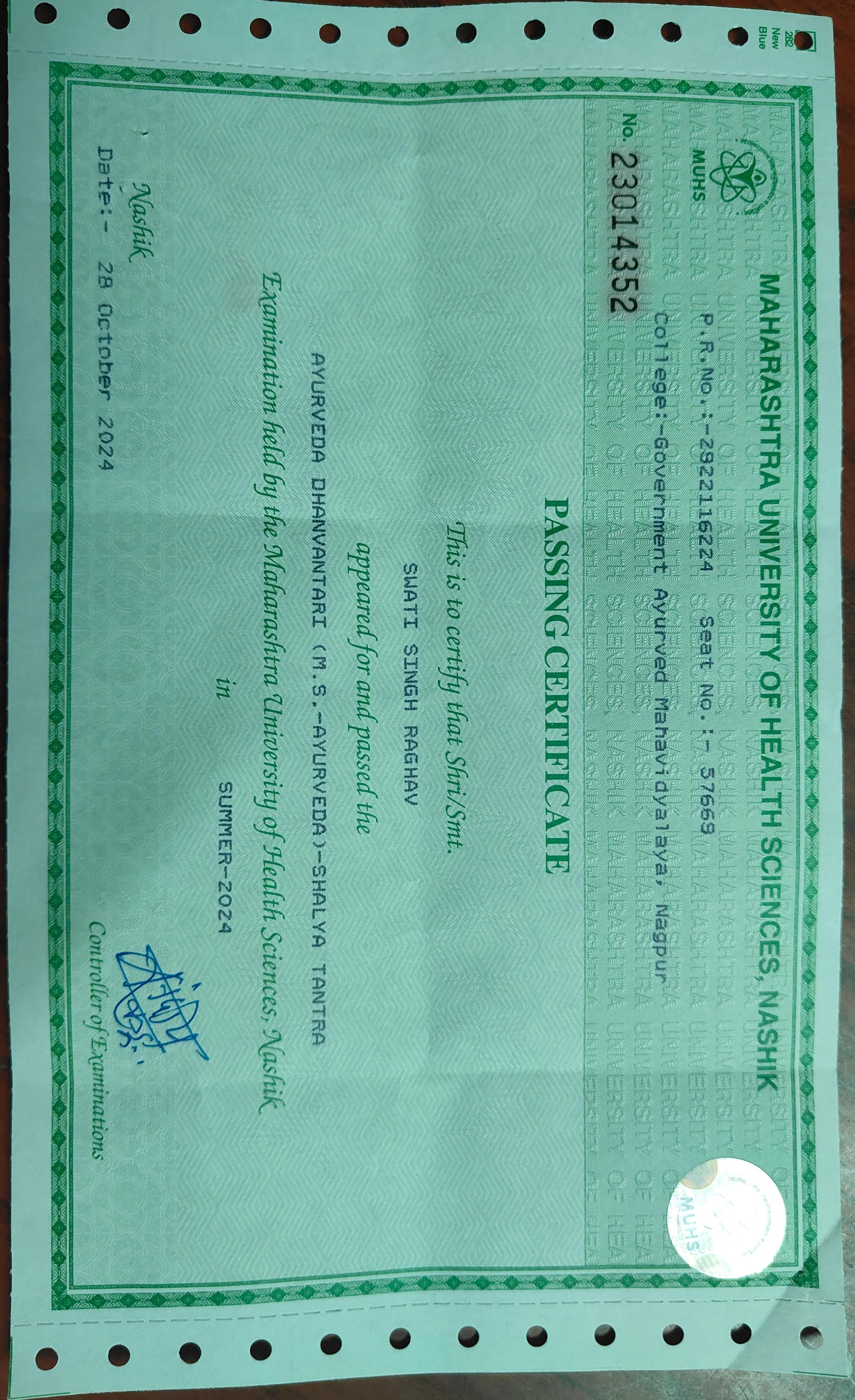 Ayurvedic doctor's certificate