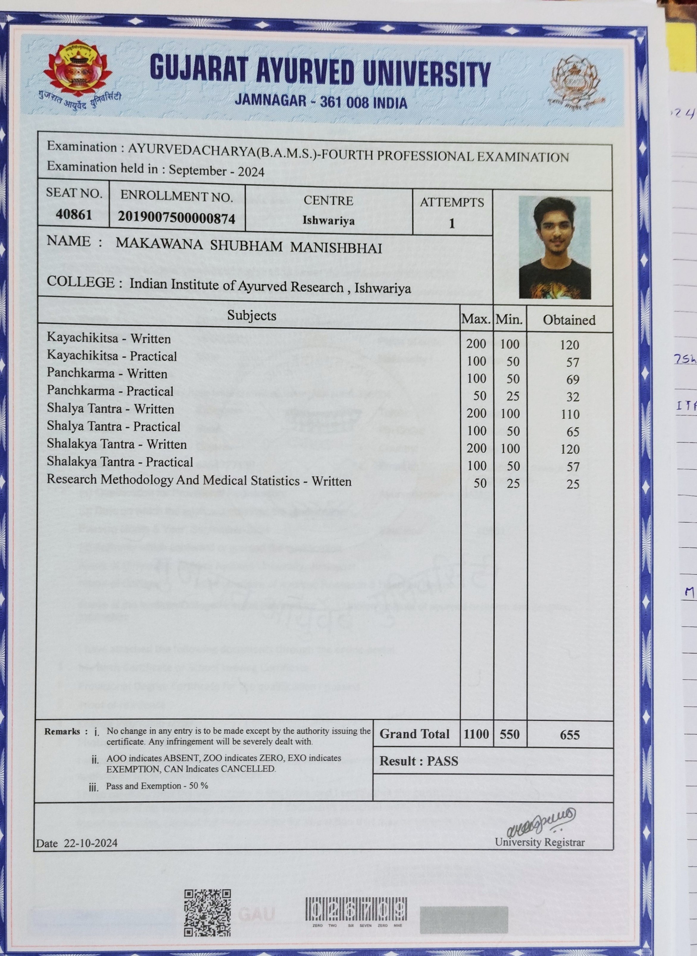 Ayurvedic doctor's certificate