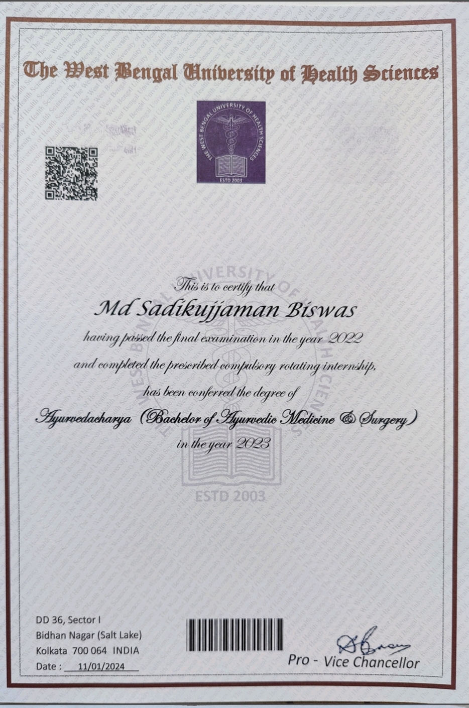 Ayurvedic doctor's certificate