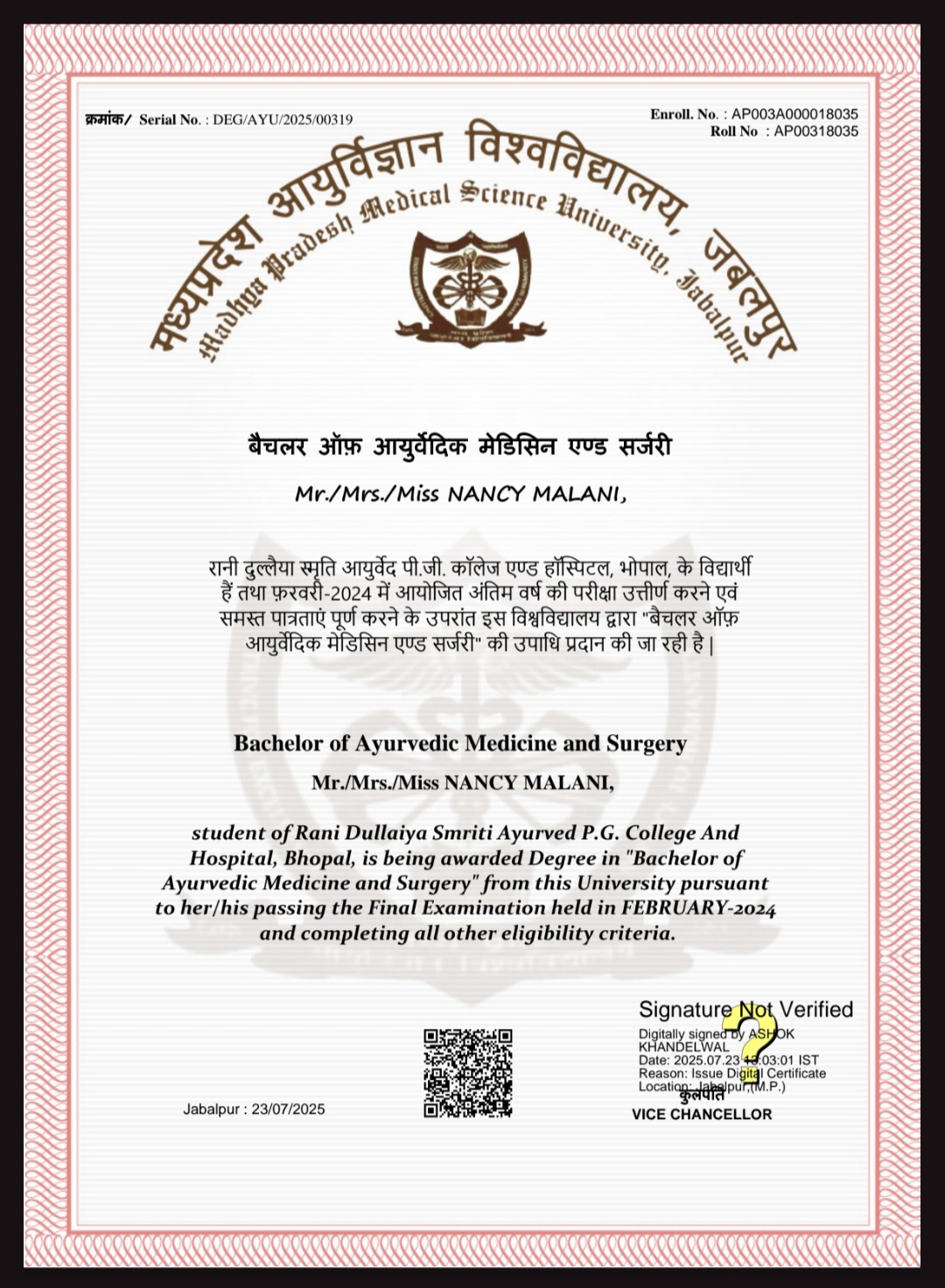 Ayurvedic doctor's certificate