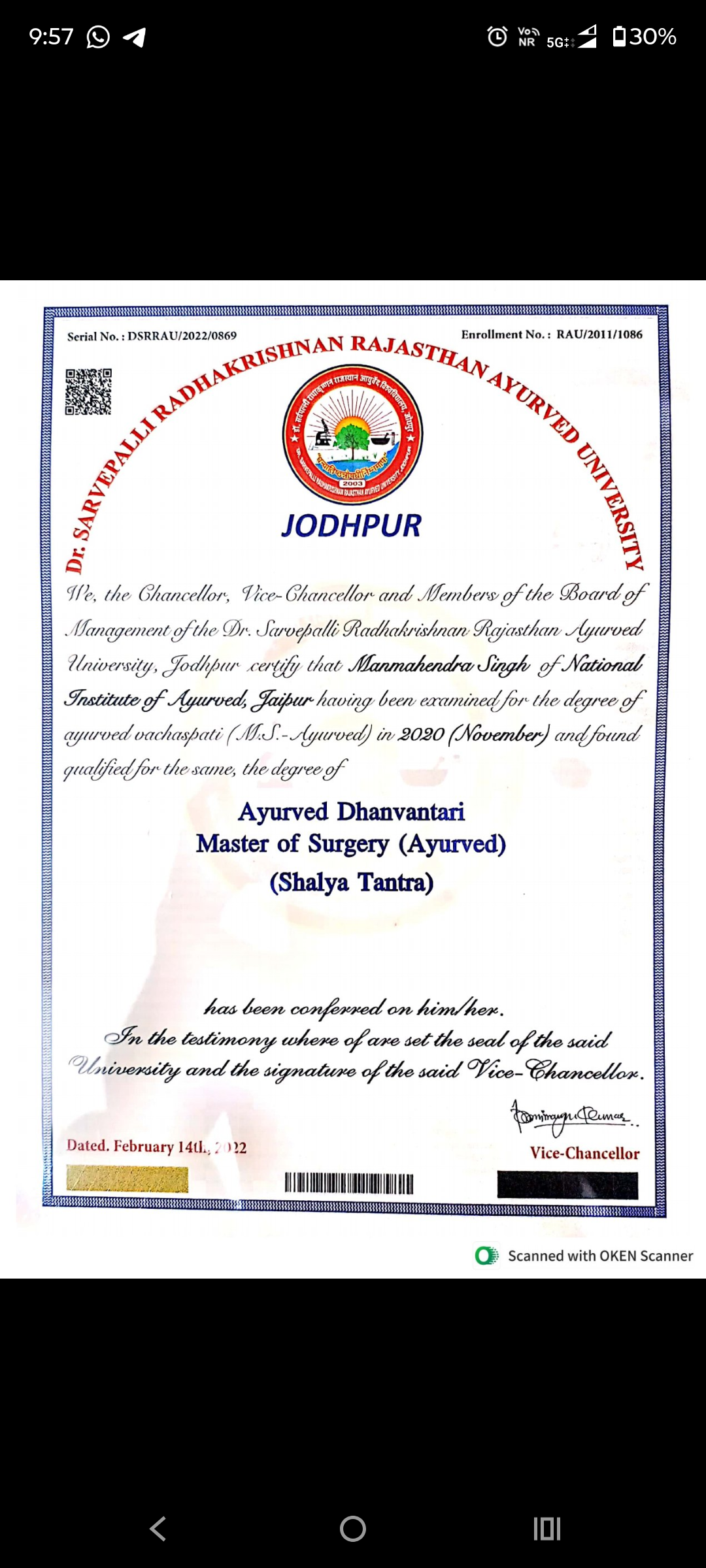 Ayurvedic doctor's certificate