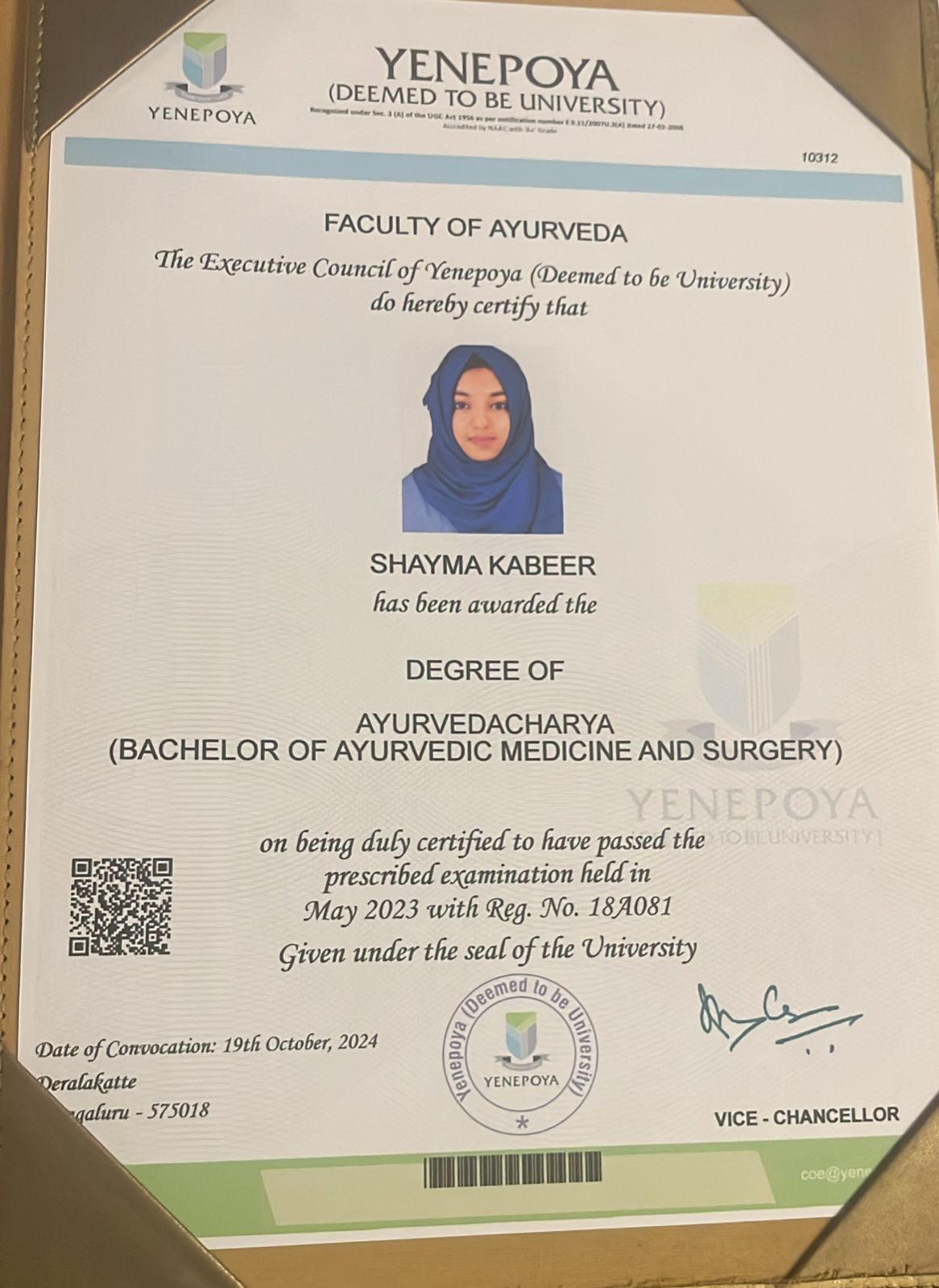 Ayurvedic doctor's certificate