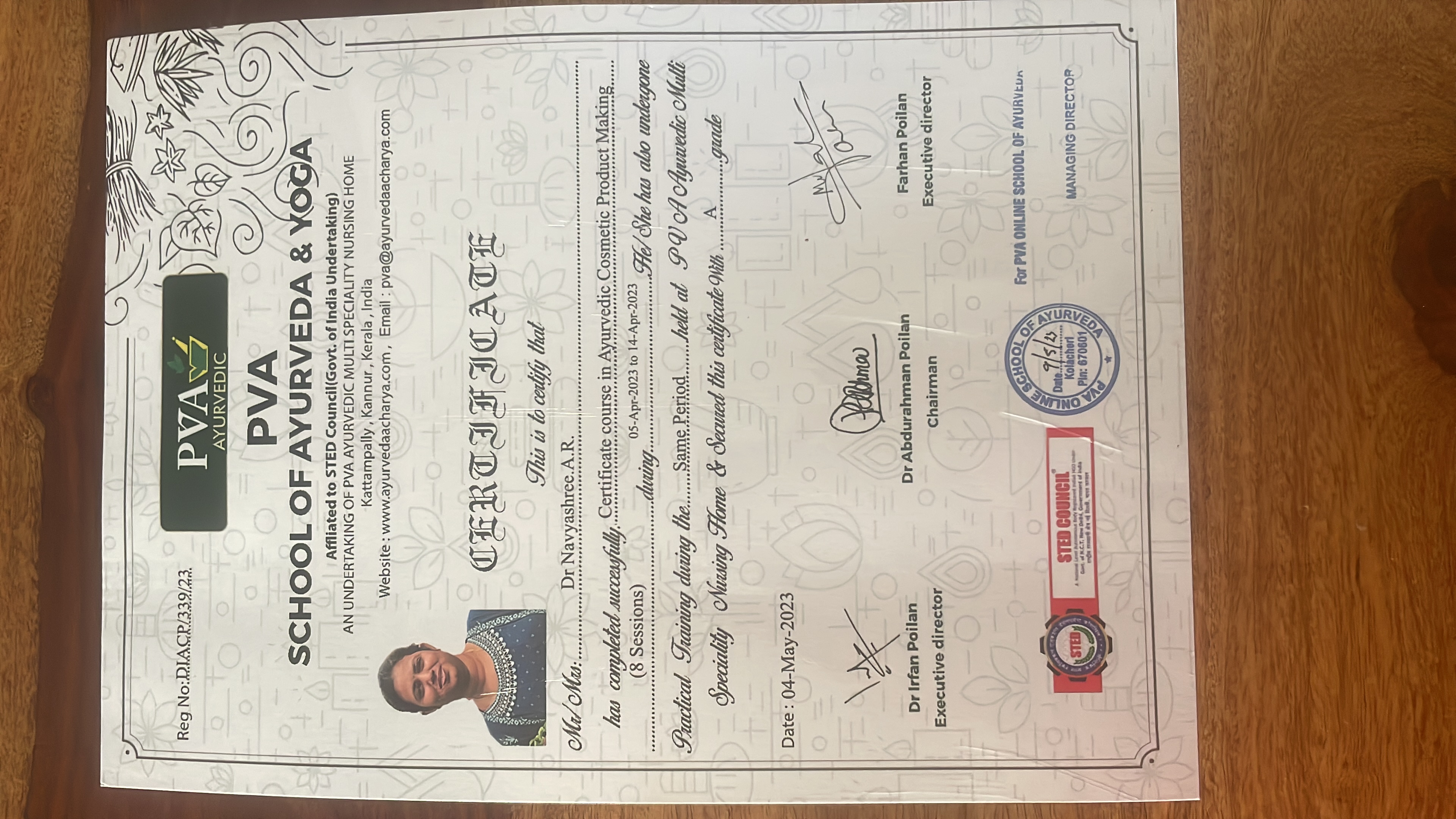 Ayurvedic doctor's certificate