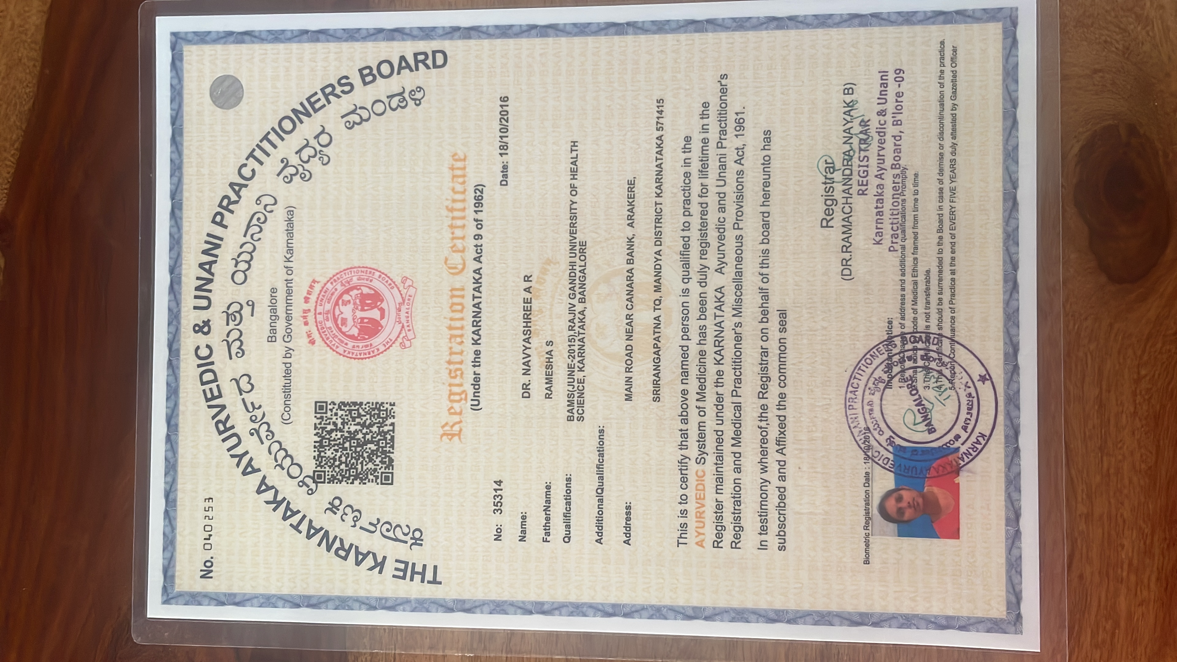 Ayurvedic doctor's certificate