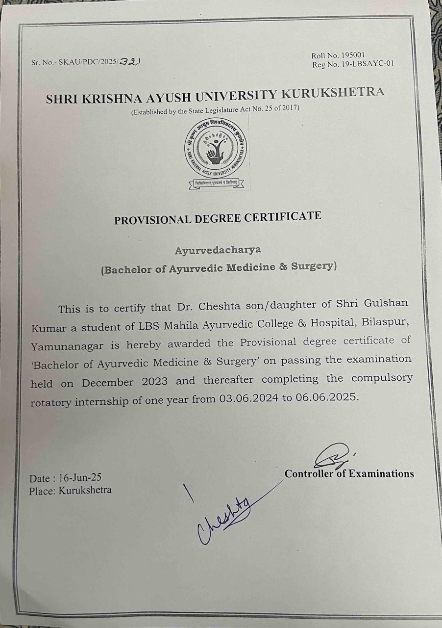 Ayurvedic doctor's certificate