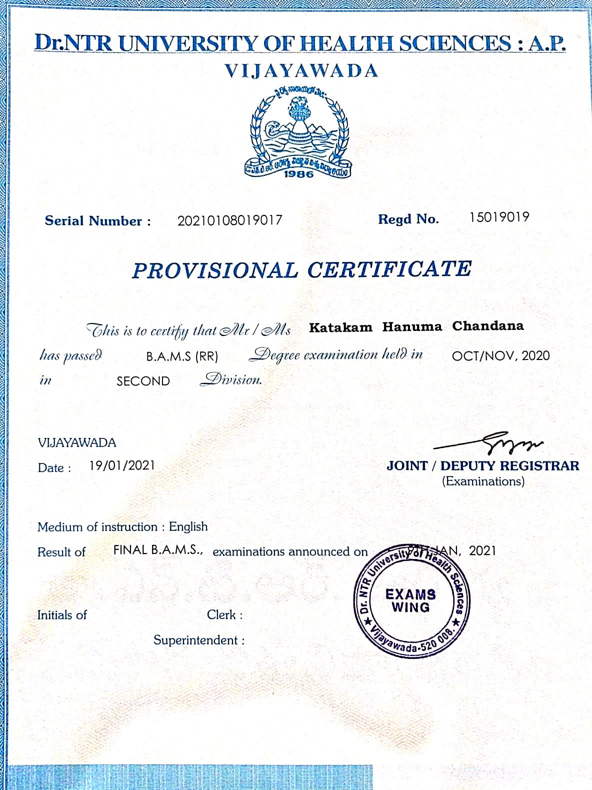 Ayurvedic doctor's certificate
