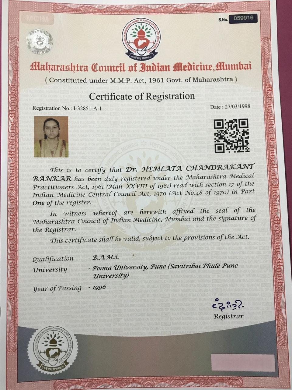 Ayurvedic doctor's certificate