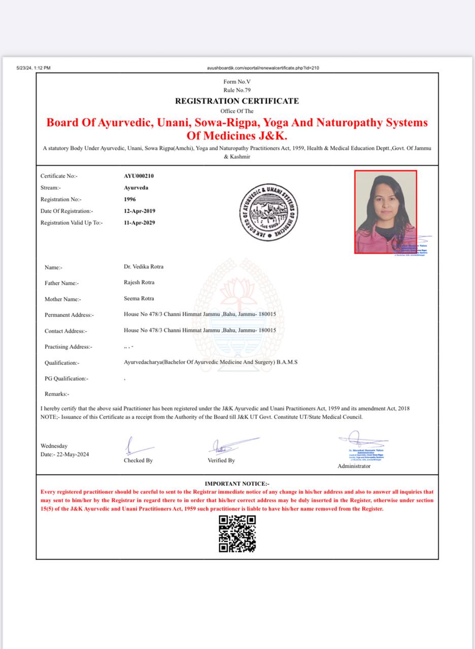 Ayurvedic doctor's certificate