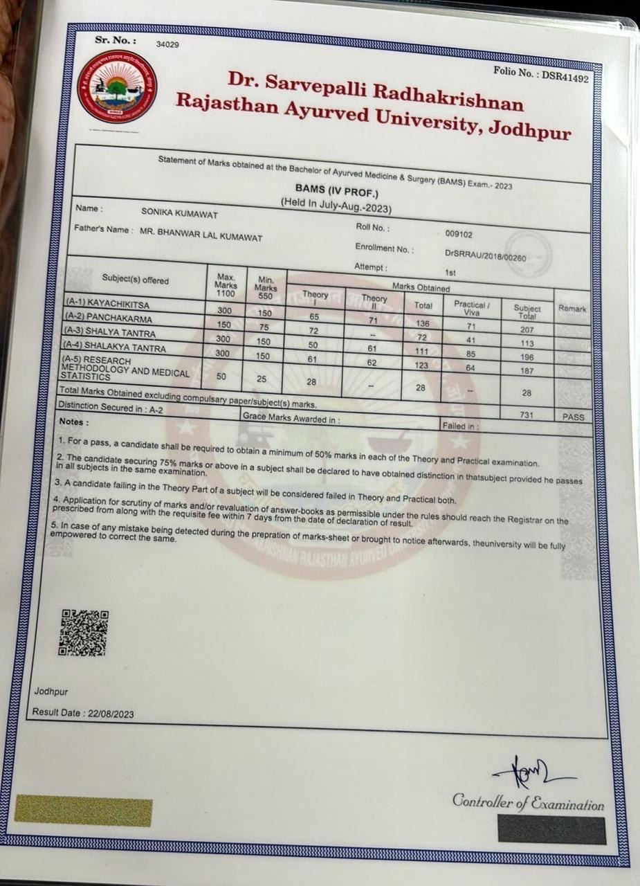 Ayurvedic doctor's certificate