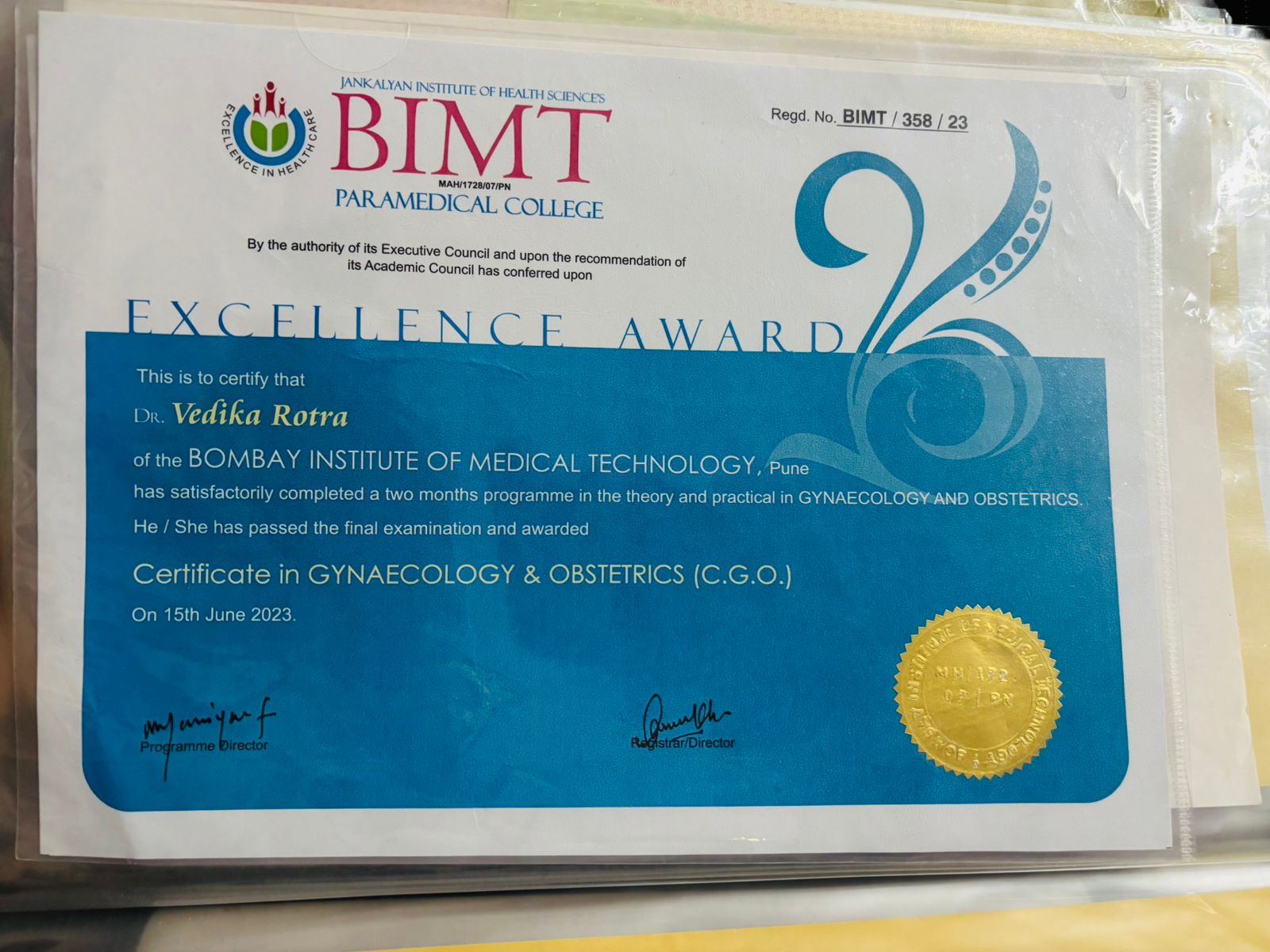 Ayurvedic doctor's certificate