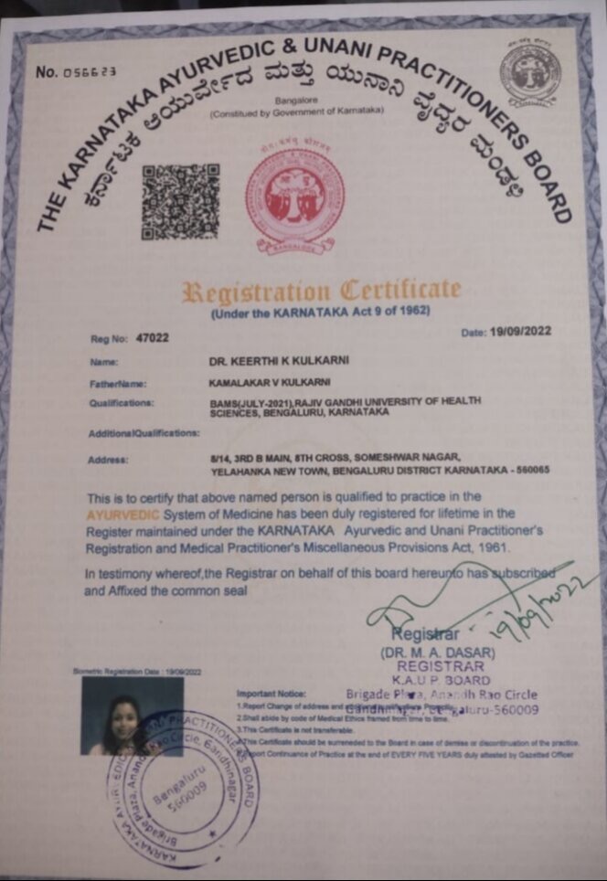 Ayurvedic doctor's certificate