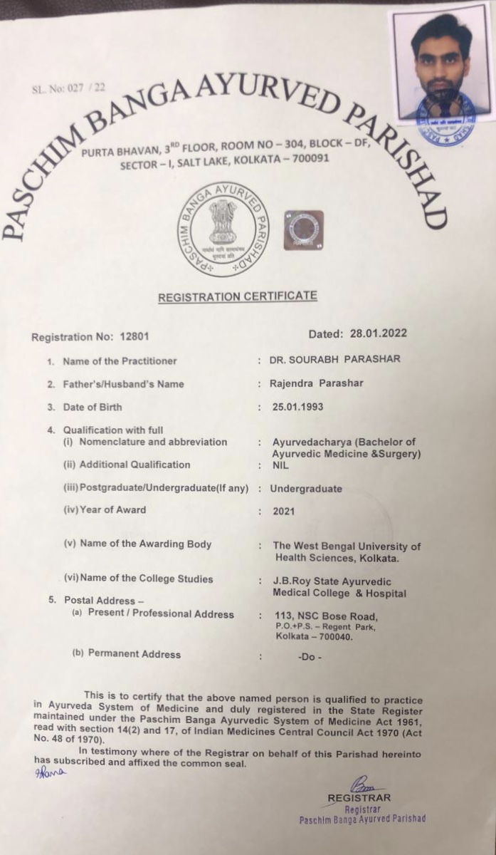 Ayurvedic doctor's certificate