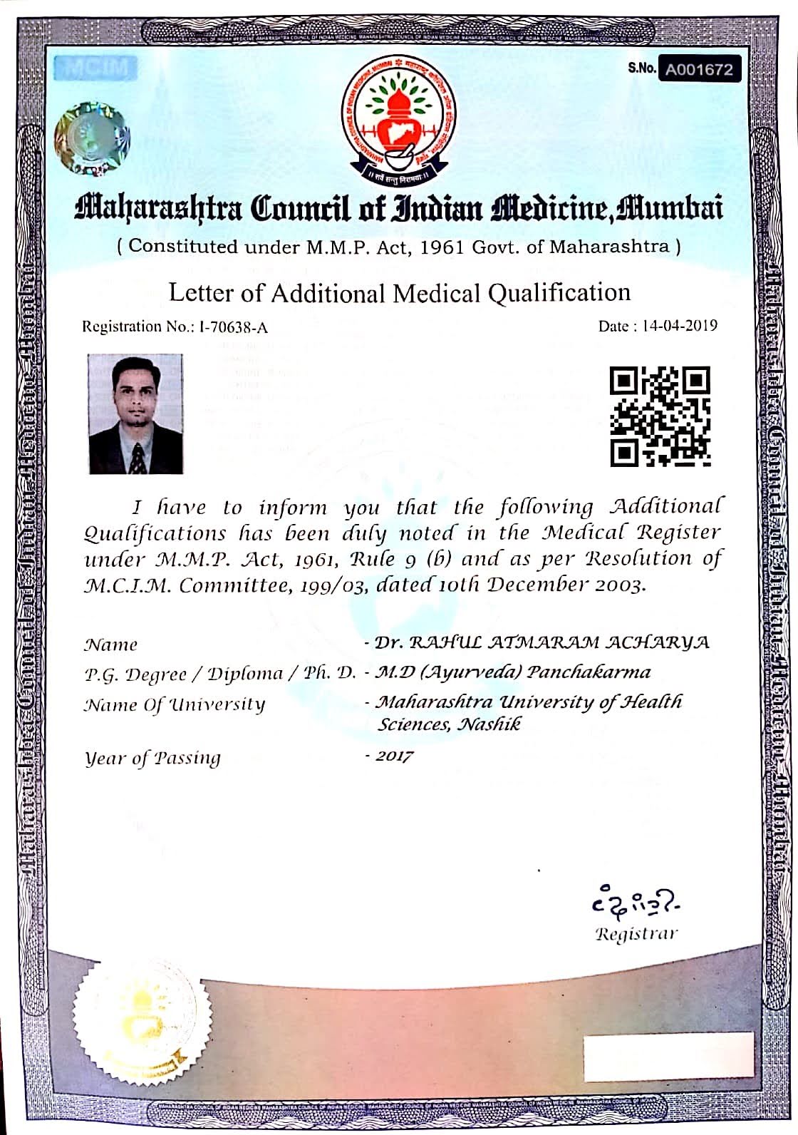 Ayurvedic doctor's certificate