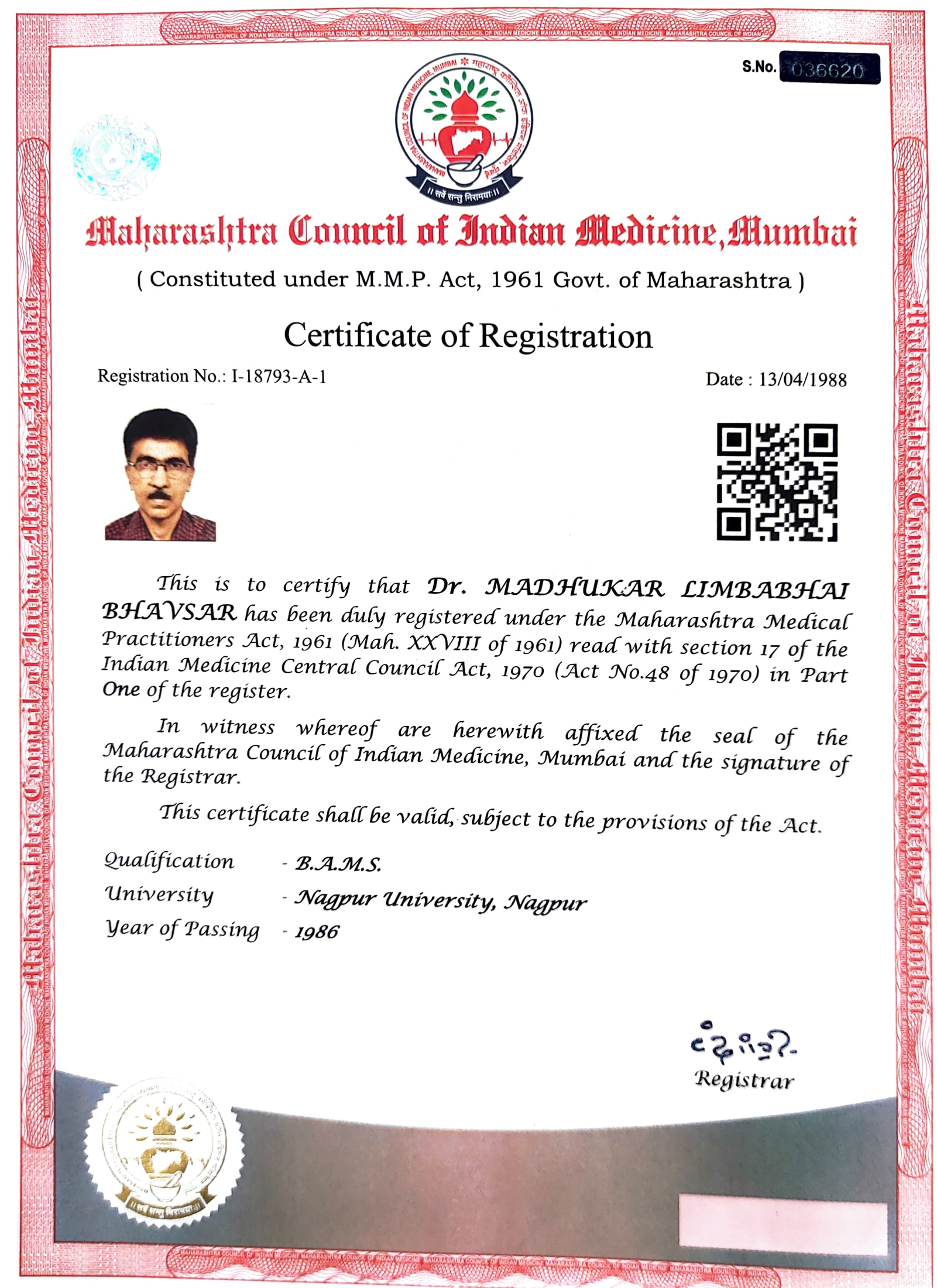 Ayurvedic doctor's certificate