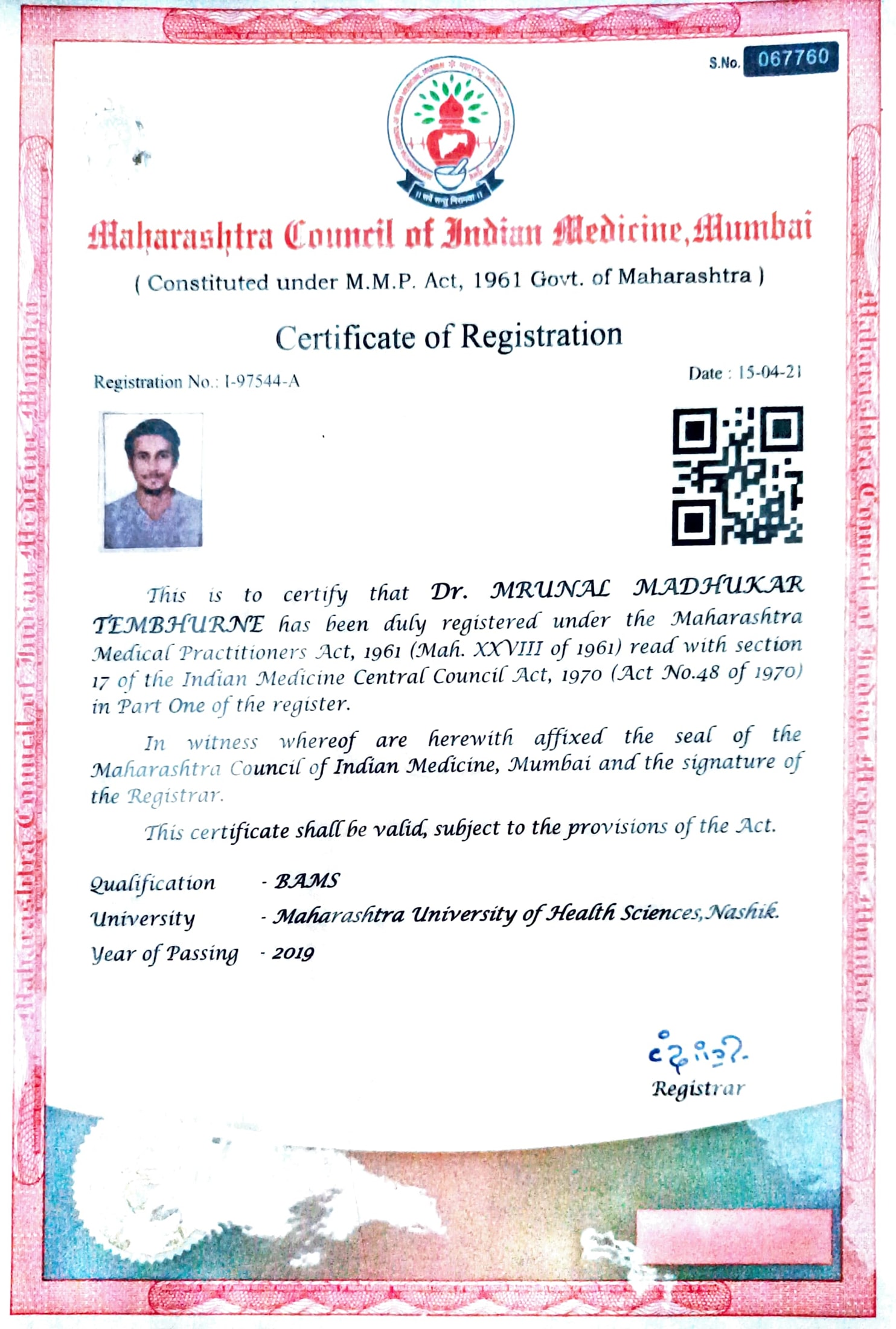 Ayurvedic doctor's certificate