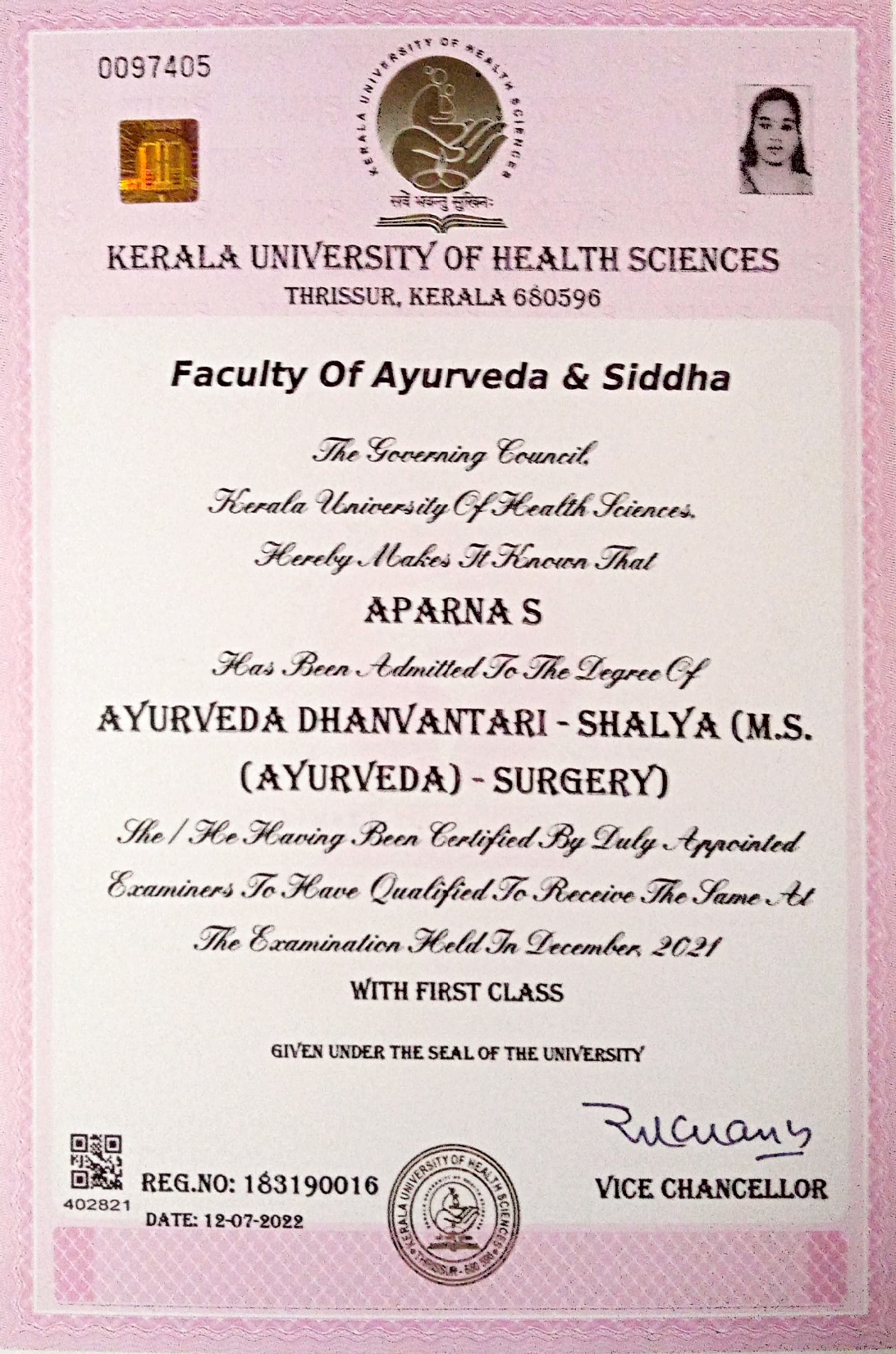 Ayurvedic doctor's certificate