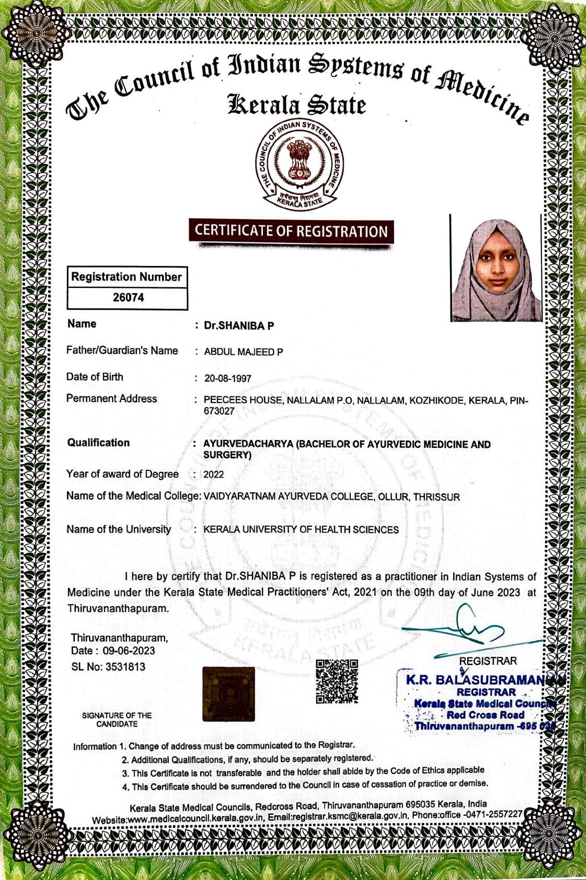 Ayurvedic doctor's certificate