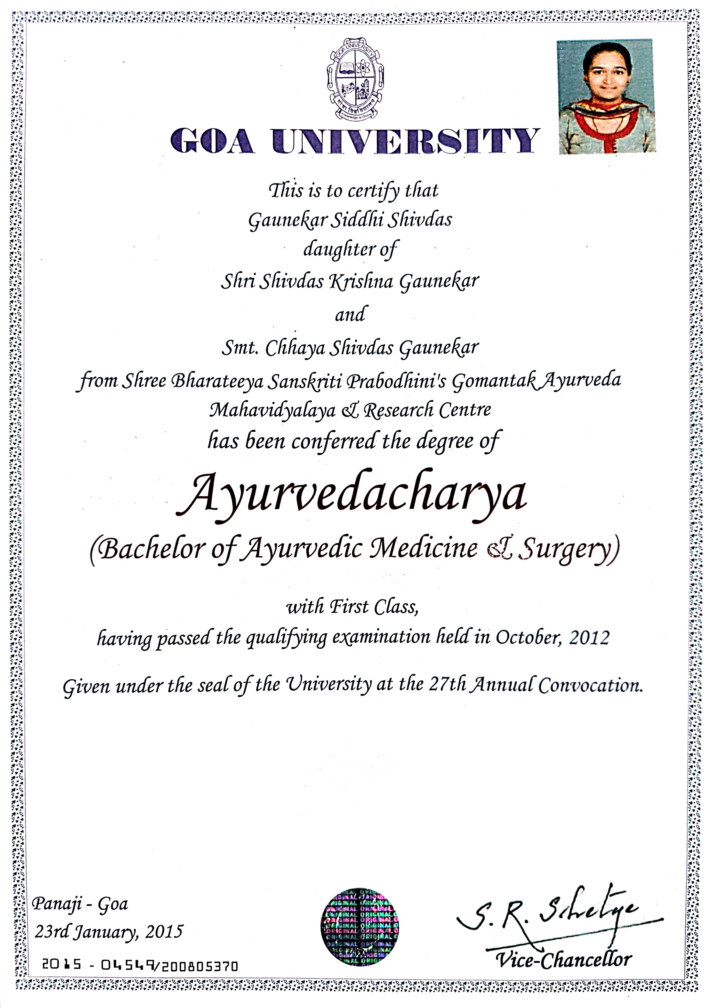 Ayurvedic doctor's certificate