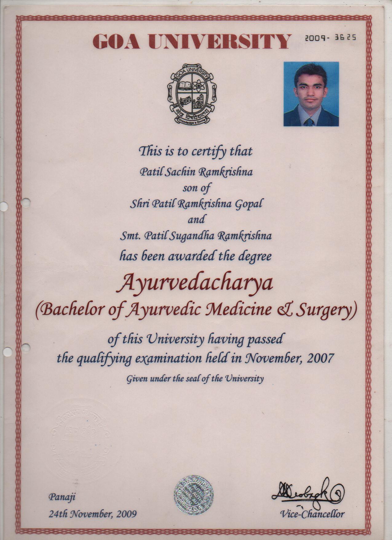 Ayurvedic doctor's certificate