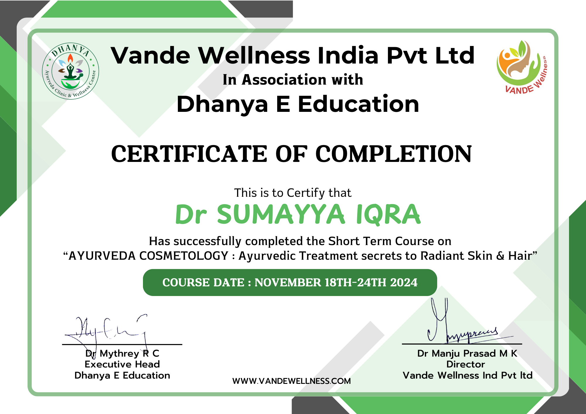 Ayurvedic doctor's certificate