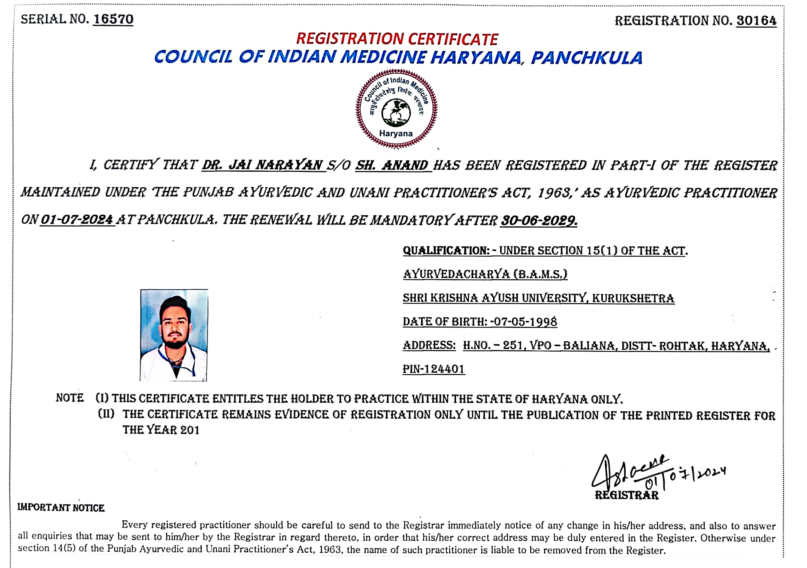 Ayurvedic doctor's certificate