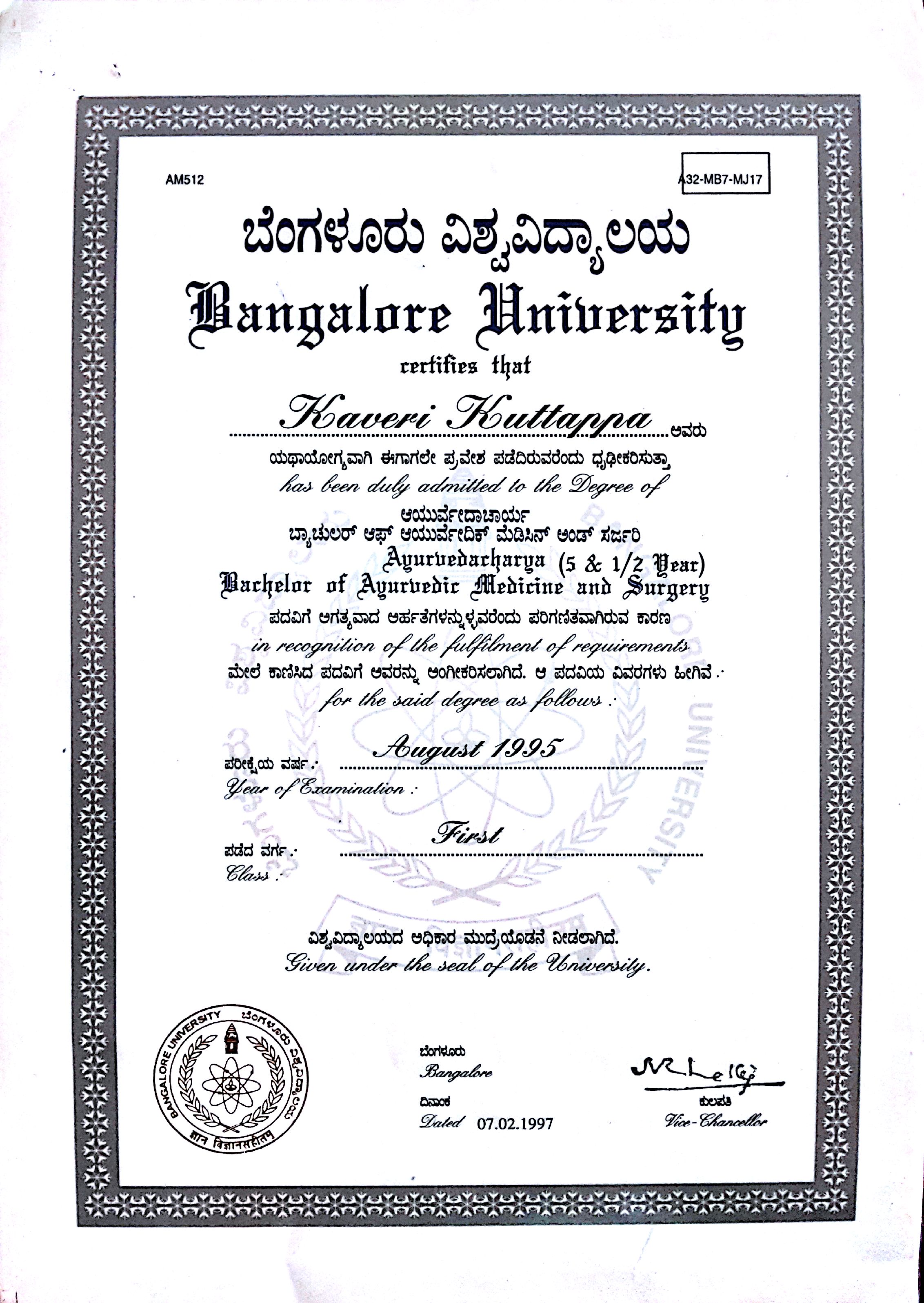 Ayurvedic doctor's certificate