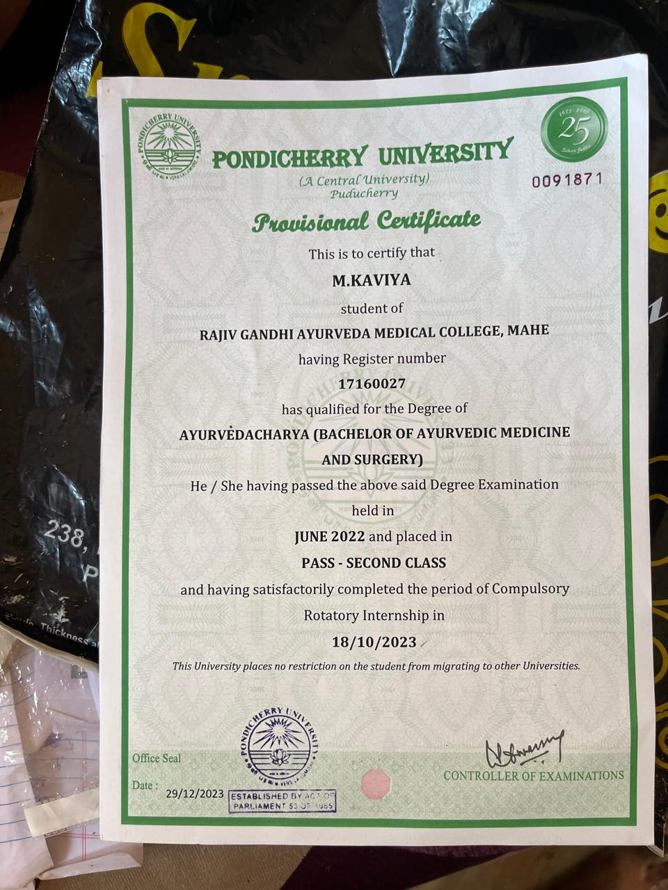 Ayurvedic doctor's certificate