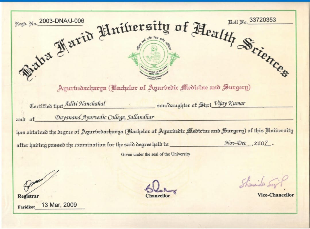 Ayurvedic doctor's certificate