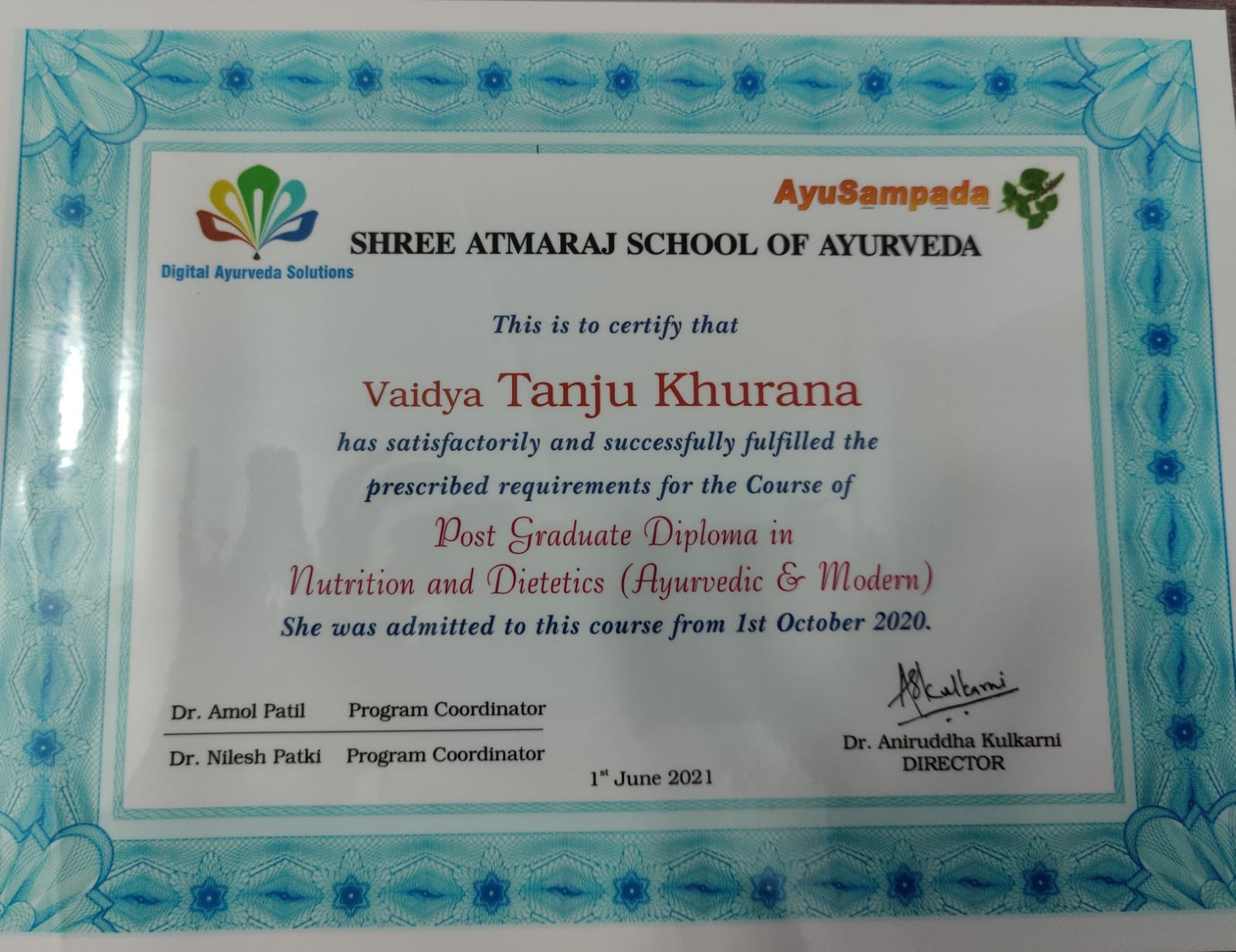 Ayurvedic doctor's certificate