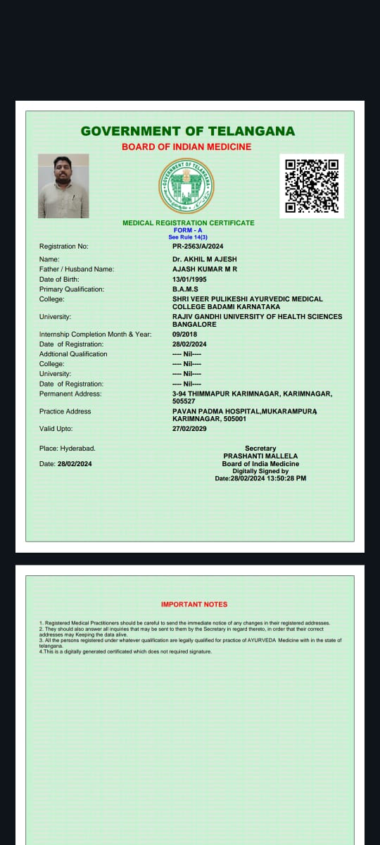 Ayurvedic doctor's certificate