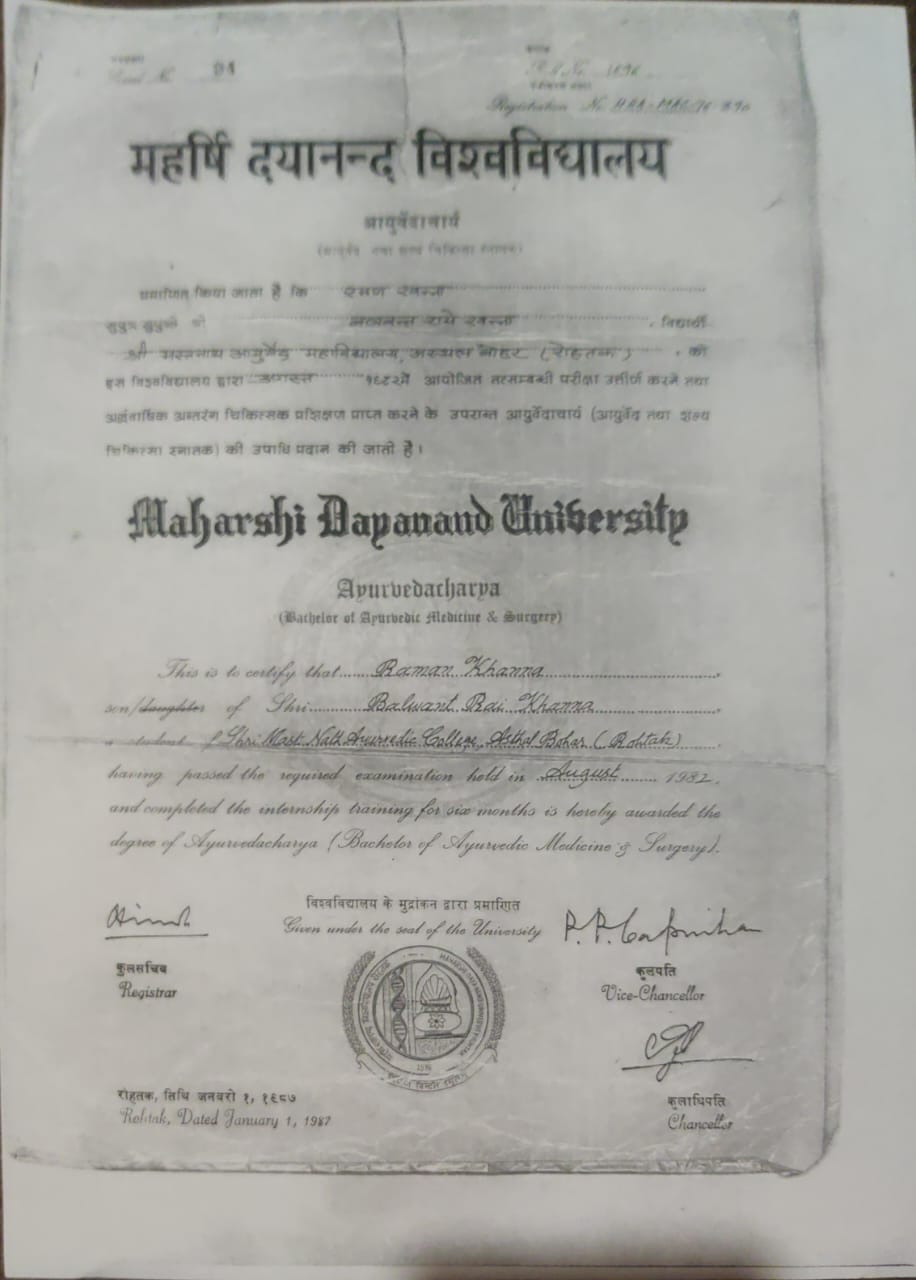 Ayurvedic doctor's certificate
