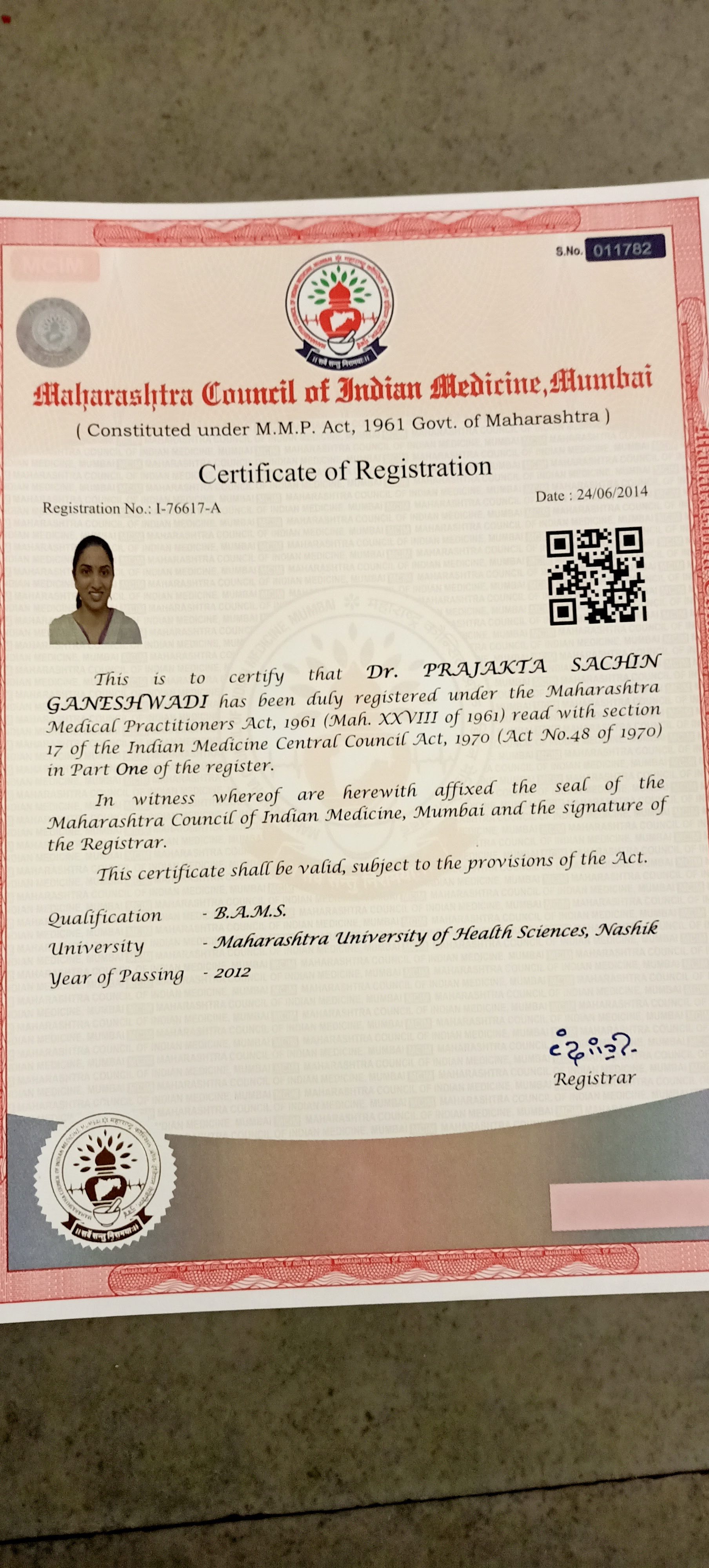Ayurvedic doctor's certificate